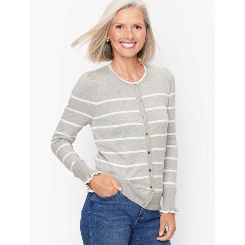 TALBOTS Cardigan Sweater Gray White Striped Ruffle Cuffs Nautical Lg Tencel